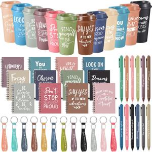 Skylety 12 Sets/48 Pcs Employee Appreciation Gifts 16oz Inspirational Plastic Cups Spiral Notebooks Ballpoint Pens Keychains Bulk Thank You Cup for Employee Coworker Appreciation Gift (Morandi Color)