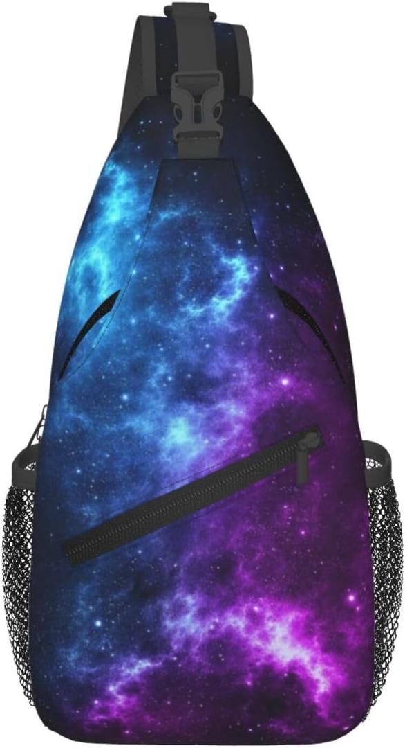Galaxy Crossbody Sling Bags for Women Men Blue and Purple Galaxy with a Planet and a Moon Space Background Travel Sling Backpack Casual Shoulder Bag Universe Theme Gym Sports Hiking Daypack