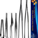 JETKONG 6 Pcs Cooking Tweezer Tongs, 12'' and 6.3" Stainless Steel Kitchen Tweezer Set, Professional Chef Tweezers for Cooking, Repairing, Sea Food, BBQ, Multi-use (Black)