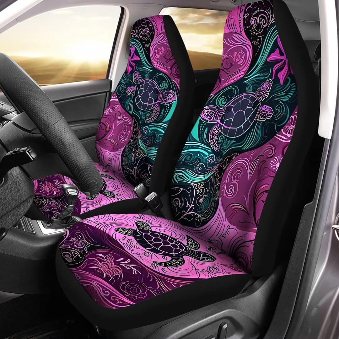 2 Pieces Purple Trippy Turtle Print Car Seat Covers, Universal Fashion Breathable Front Seats Protector Car Accessoires Fits for Car,SUV Sedan,Truck