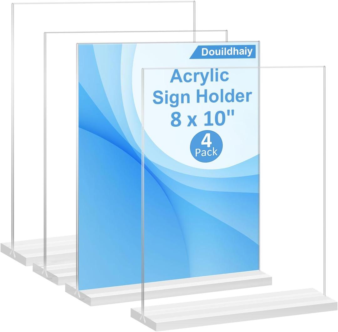 4 Pack Acrylic Sign Holder 8x 10 ,T shape Double Side Clear Acrylic Menu Display Stand for Restaurants ,Office ,Photo frames ,Store -Vertical