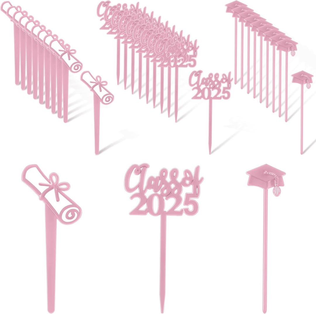 Boao 90 Pieces Class of 2025 Theme Graduation Cake Topper Plastic Cupcake Picks Graduation Cupcake Decorations for Party Supplies and Favors, 3 Styles(Pink)