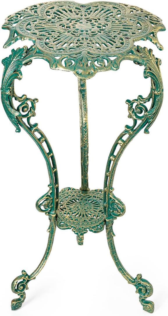 Sungmor Vintage Cast Iron Plant Stand - Ornate Green Pedestal Table for Indoor Outdoor Garden, 27.5" Antique Metal Flower Pot Holder, Victorian Style Plant Display Stand - Patio, Porch, Balcony Dcor