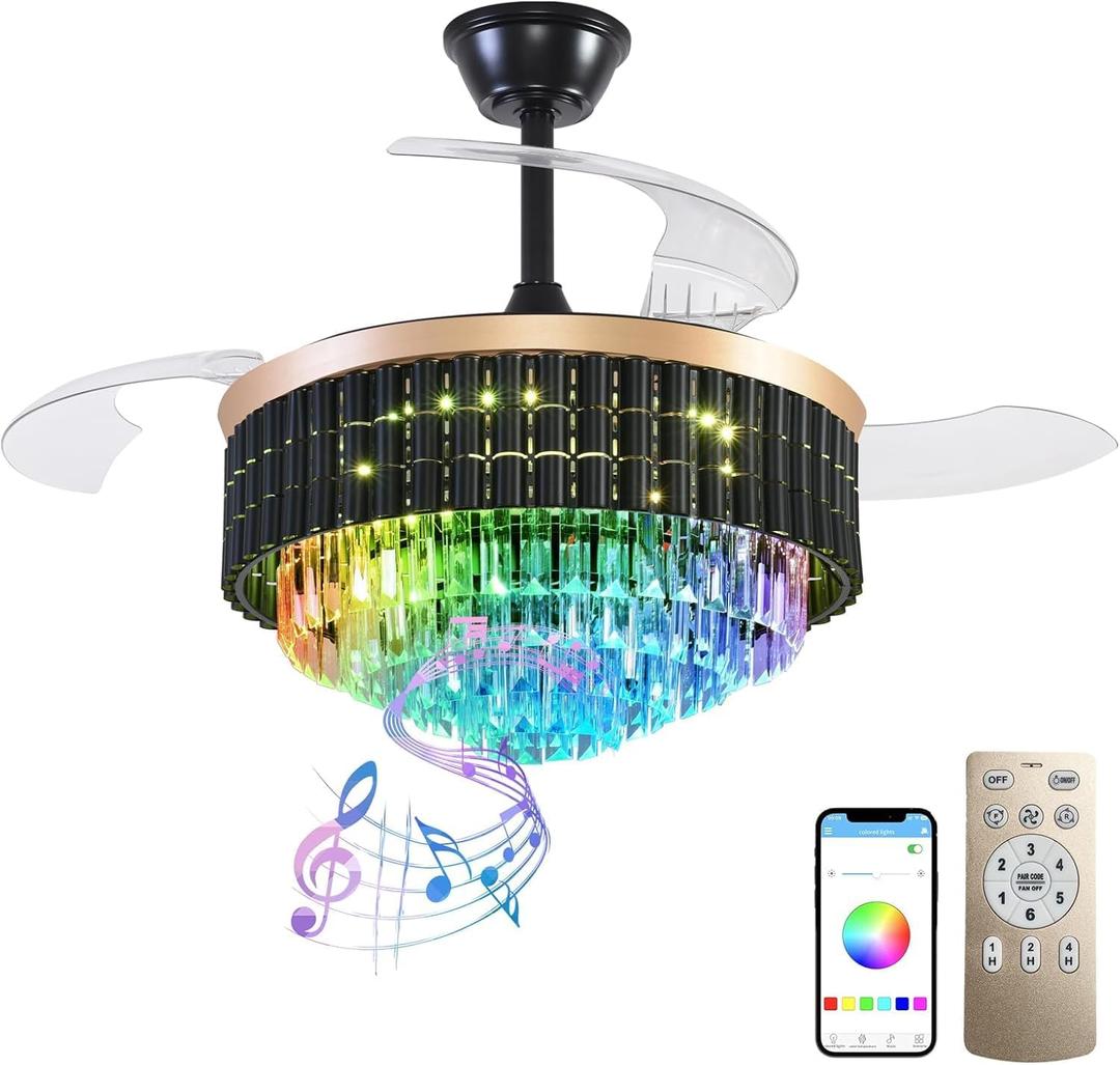 42'' Retractable Ceiling Fan with Lights and Remote, Crystal RGB Chandelier Ceiling Fan, 6-Speed Reversible Blades, Dimmable Color-Changing LED Fan for Bedroom Living Room Dining Room (Black)