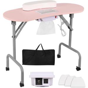 Portable Manicure Table Nail Desk with Charging Station & Dust Collector, Foldable Nail Tech Table for Technician Spa Salon Workstation with Wrist Pad 4 Lockable Wheels, 36-inch, Pink