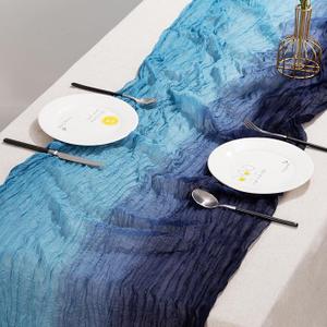 Cheesecloth 120" Inch Gauze Table Runner, Gradient Yellow Brown, Easy Manipulate, Crinkle, DIY, Party (A-light and Dark Blue)