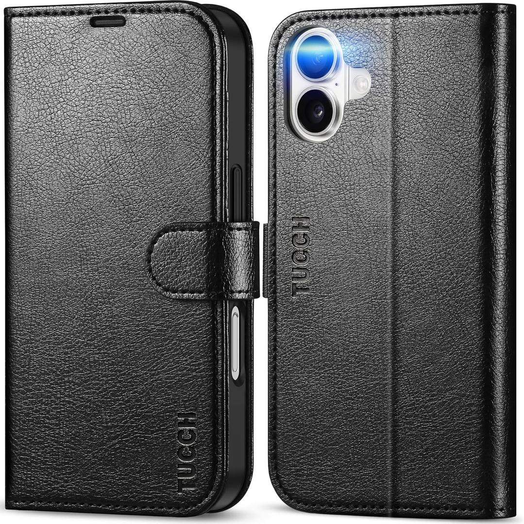 TUCCH Wallet Case for iPhone 16, Kickstand [RFID Blocking] 4 Card Slots [Protective TPU Interior Case], PU Leather Magnetic Shockproof Flip Cover Compatible with iPhone 16, Textured Black