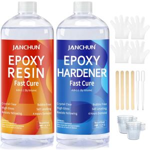 JANCHUN Crystal Clear Epoxy Resin Kit 32OZ, Bubble-Free, Anti-Yellowing, Self Leveling Easy Mix 1:1 Coating and Casting Resin for Table Top, Molds, Tumbler Crafts, Painting, Jewelry, DIY Gifts