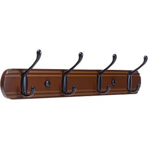Coat Hooks Wall Mount, Wood Bamboo Wall Coat Rack with 4 Metal Hooks for Hanging Clothes, Towels, Keys, Bags (Brown&Black)