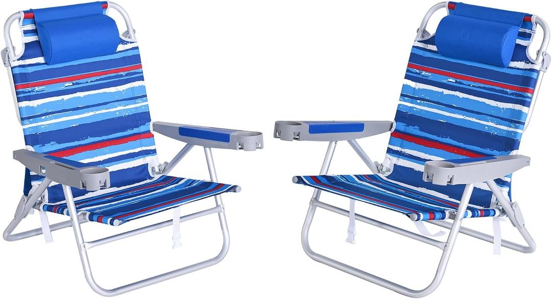 SUNNYFEEL Extra Wide Low Beach Chair 2 Pack 5 Position Lay Flat 500 LBS Heavy Duty, XL Oversized Folding Camping Chairs with Cup Holder for Outdoor/Sand, Portable Backpack Beach Chair for Adults, X-Large