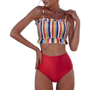 RXRXCOCO Womens Shirred Bandeau Bikini Cute Two Piece Swimsuit Off Shoulder High Waist Bathing Suit (Small)