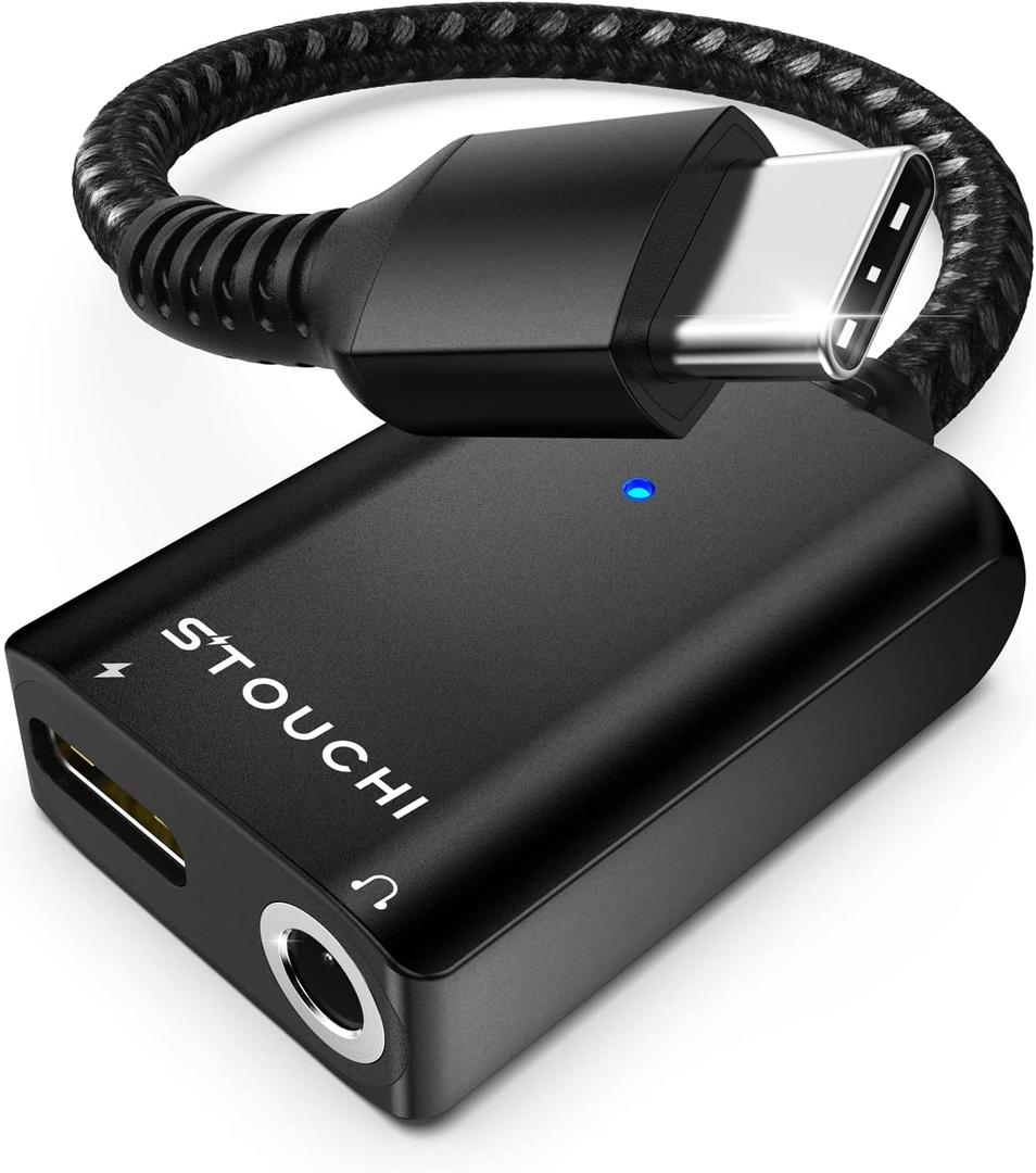Stouchi USB C to 3.5mm Headphone and Charger Adapter, 2 in 1 USB C to Aux Audio Jack with Safe 30W Fast Charging Hi-res DAC Compatible with Samsung S22 S21 Plus Ultra Note 20/10 Pixel 9/6/5/XL -Black