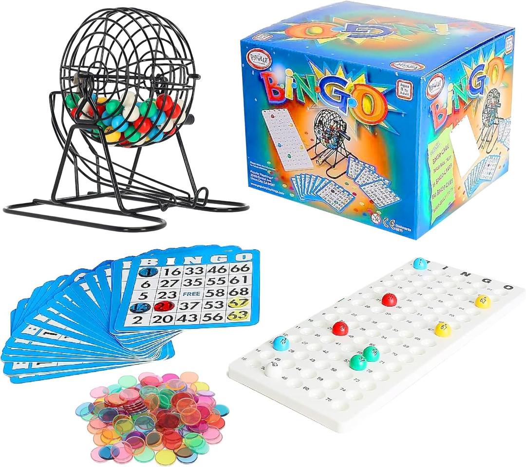 Popular Playthings Deluxe Bingo Game Set, Metal Cage with Reusable Cards and Marker Chips, Board Game Set for Adults and Kids - 18 Cards & 150 Chips