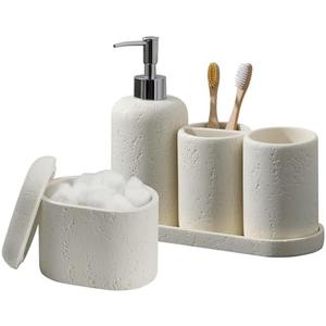 Haocoott Bathroom Accessories Set, 4PCS Modern Bathroom Accessory Set with Soap Dispenser, Mouthwash Cup & Toothbrush Holder, Qtip Holder, Tray
