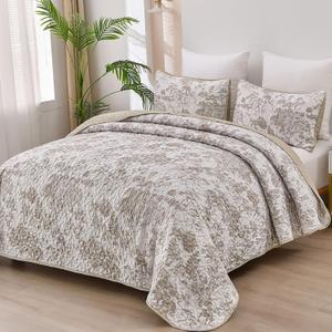 WONGS BEDDING Botanical Quilt Set Queen Size, Khaki 3 Pieces Toile Floral Plants Printed Bedspread Bedding Set Brown Soft Lightweight Microfiber Coverlet Set for All Season (96"x90")