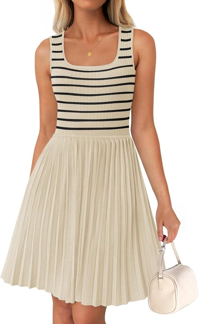 ZESICA Women's Summer Sleeveless Mini Dress 2025 Square Neck Striped Knit A Line Pleated Tank Dresses ( Black, Smal)l