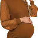 Women's Maternity Shirt Long Sleeve Top Swiss Dot Mock Neck Ribbed Knit Striped Ruched Side Blouse, L, BrownB