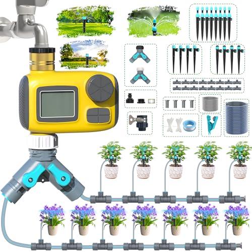TRJZWA Drip Irrigation System Kit with Water Timer 100FT，1/2 inch Hose 1/4 inch Distribution Tubing，Water Timer for Garden Hose with Anti-Leakage Quick Connector and Drip Emitters,for Potted Plant