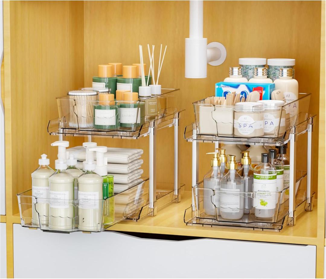 Yieach 2 Pack 2 Tier Under The Sink Organizer With Track,9.8 Inch Tall Bathroom Cabinet Organizer,Clear Under Sink Pull Out organizer for Kitchen,Vanity,Counter,Vanity,Medicine,Makeup,Hair Products