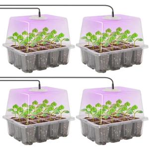 MIXC Seed Starter Kit with Grow Light, Elevated Seedling Tray Kit with Adjustable Humidity Dome and Clear Cell Tray, 12 Full Spectrum Led Beads for Seed Starting Greenhouse, 4 Pack, Transparent