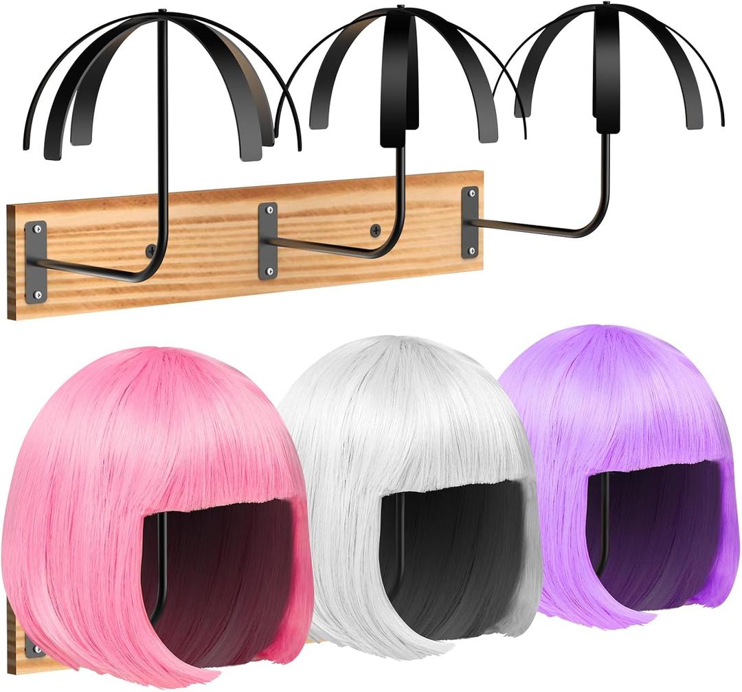 Hanging Wig Stand for Multiple Wigs, 6 PCS Wall Mounted Wig Hanger Holder, Durable Wig Storage Organizer Rack for Display, Storage, Styling, Drying (Carbon Steel and Wood) (Black and Natural)