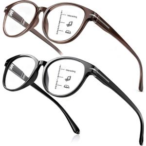 SKYOLUY 2 PCS Distinctive Progressive Multifocus Reading Glasses Women, Retro Round Frame Anti Blue Light/Eye Fatigue Computer Readers, Vintage No-Line Multifocal Eyeglasses (Black&Brown, 2.25x)