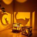 Small Wooden Cat On Moon Candle Holders Rustic Ramadan Lantern Decorative Lights Indoor for Farmhouse Kitchen Table Decor Home Room Bedroom House Birthday Party Decorations