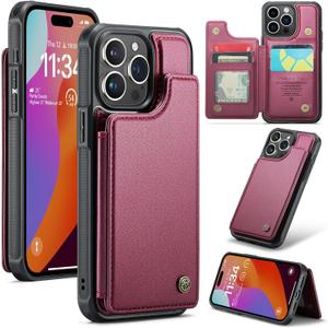 Bemal for iPhone 15 Pro Wallet Case with Card Holder, RFID Blocking, Shockproof Leather Kickstand for Men and Women, Durable Protective Phone Cover for 6.1", Wine Red