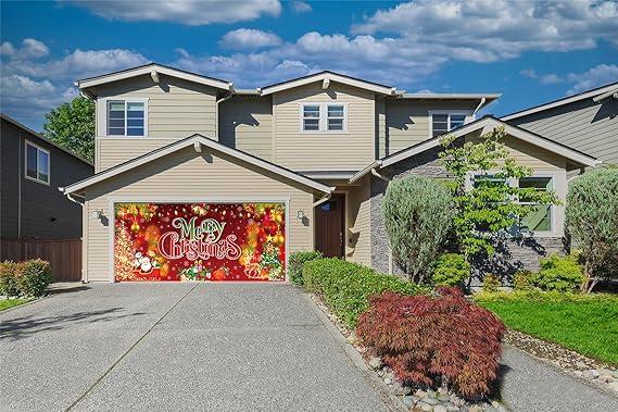 7 x 16 FT Merry Christmas Garage Door Cover, Xmas Garage Door Banner,Garage Door Decorations Hanging Backdrop Garage Door Mural for Indoor and Outdoor Party