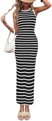 PRETTYGARDEN Sundresses for Women 2026 Summer Striped Knit Side Slit Spring Fashion Bodycon Maxi Dress Beach Vacation Clothes L