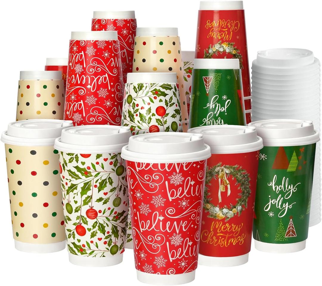 100 Pack 16 oz Christmas Disposable Coffee Cups with Snap-on Lids - for Hot or Cold Drinks, Paper Coffee Cups for Xmas Holiday Table Decorations Party Supplies, 5 Assorted Christmas Styles