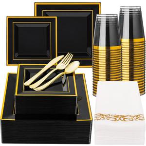 N9R 50 Guest Black and Gold Dinnerware Set, Black Square Plastic Plates with Gold Rim, 50 forks, 50 Spoons, 50 Knives, 50 Cups, 50 Napkins-Disposable Dinnerware Set for Wedding