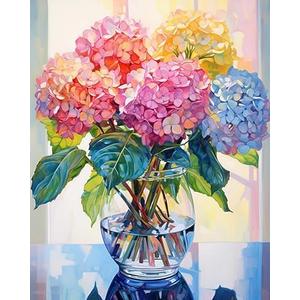 Tucocoo Hydrangea in Glass Vase Window Landscape Paint by Numbers for Adults Beautiful Flower DIY Paint by Numbers Acrylic Paint Canvas Colorful Flowers Painting Kits Art 16x20 Inch（Without Frame）