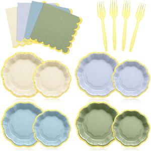 FoldTier 96 Pcs Dusty Blue Sage Green Gold Disposable Party Plate Set for 24/48 Guests 9" & 7" Scalloped Paper Plate Cocktail Napkin Plastic Forks for Birthday Farmhouse Wedding Baby Shower Tea Party