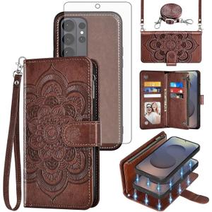 Asuwish Phone Case for Samsung Galaxy S26 Ultra 5G Zipper Wallet Magnetic Detachable Cell Cover with Screen Protector Crossbody Strap Flower Card Holder S26Ultra 26S S 26 26Ultra Women Men Girls Brown