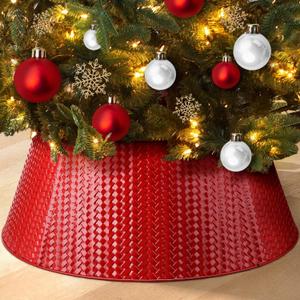 EIMMBD Metal Christmas Tree Collar, 28 Inch Christmas Tree Collar Basket Skirt for Large Christmas Tree, Artificial Tree Skirt Holiday Christmas Decorations Indoor Outdoor(Red)