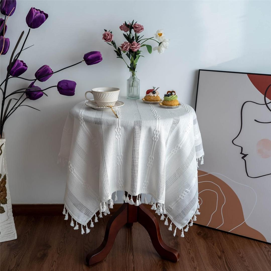 Gernaice Rustic Stripe Embroidered Tablecloth Heavy Small Square Tassel Cotton Linen Table Cloth Wrinkle Free Washable Table Cover for End Bedside Coffee Teapoy Table Tea Trolley White 36x36 Inch