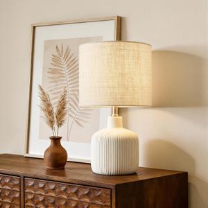 Ceramic Table Lamp, 17.75" Rustic Farmhouse Bedside Lamp with Beige Linen Shade, Warm Ambient Nightstand Lighting for Bedroom or Living Room, Off-White