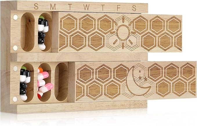 Wood 7 Day Weekly Pill Organizer Vitamin Dispenser Wooden Pill Case Container Box for Vitamin Fish Oil Pills Supplements, Arthritis Friendly, Outdoor Travel