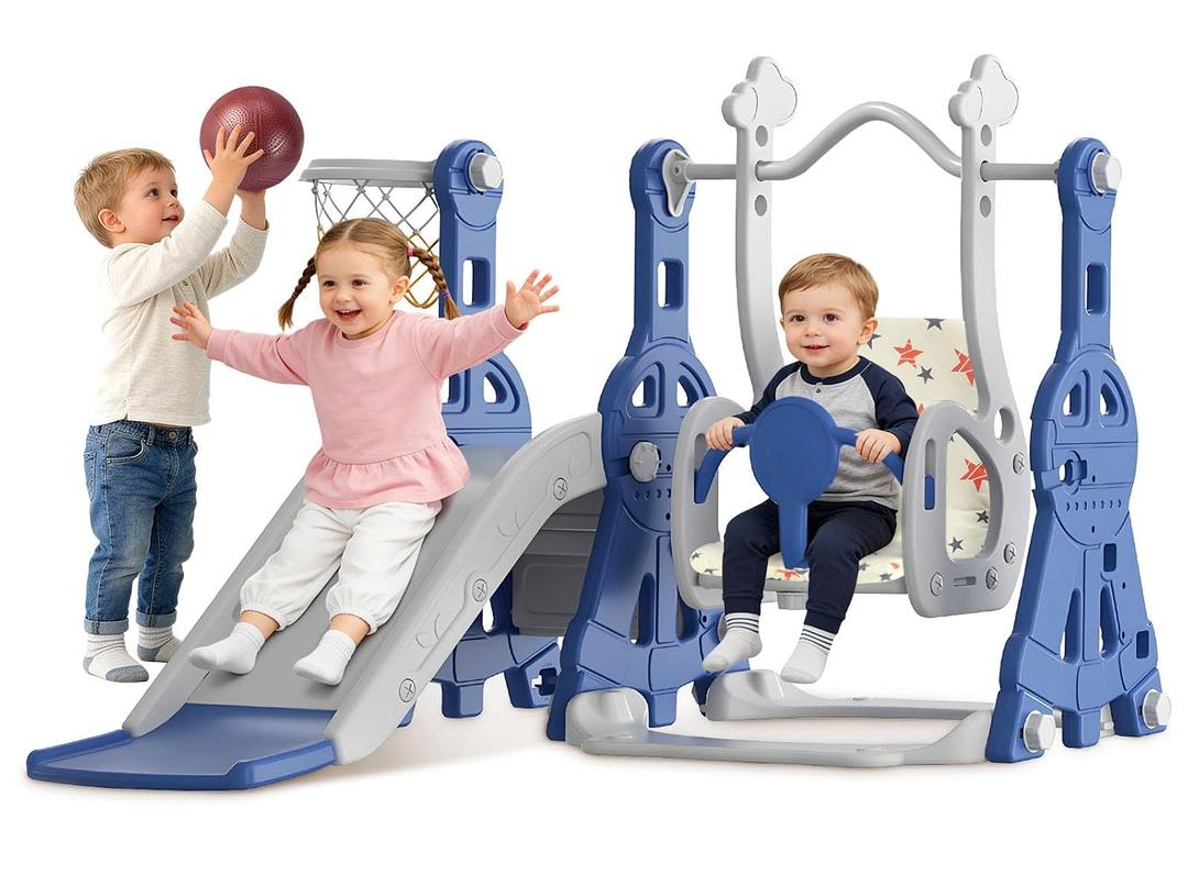 BIERUM 4 in 1 Toddler Slide and Swing Set, Baby Slide for Toddlers Age 1-2, with Basketball Hoop, Indoor Outdoor Toddler Playset Blue