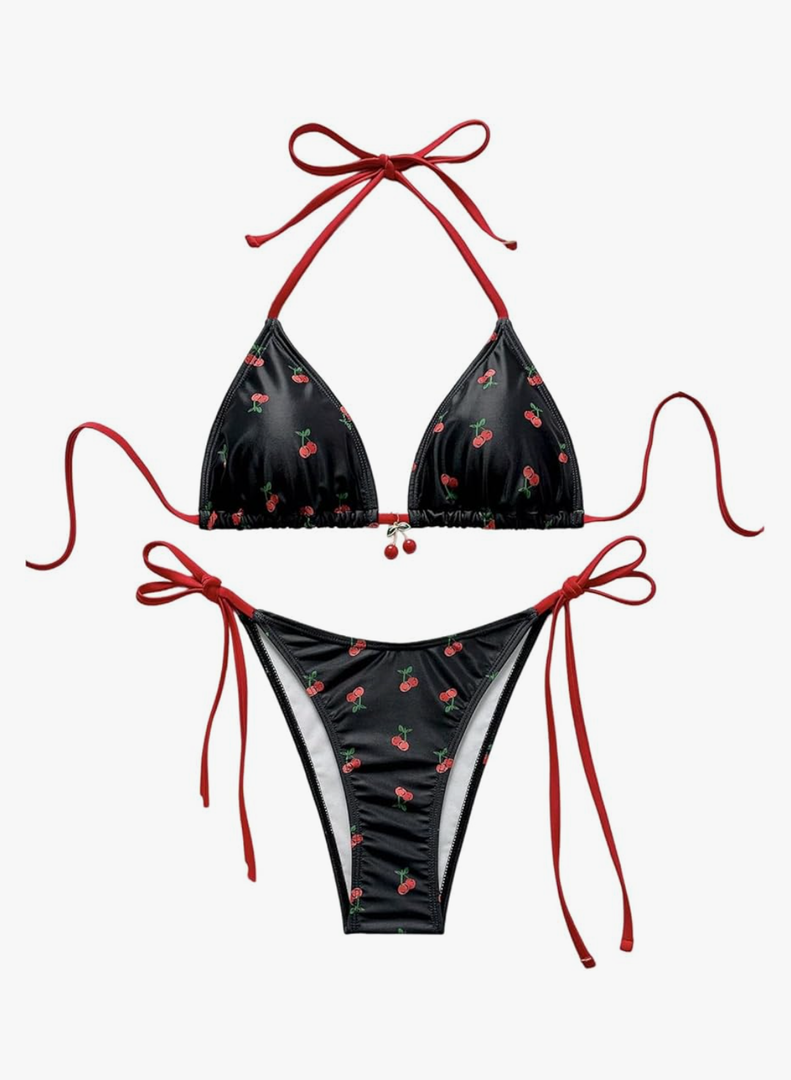 WDIRARA Women's 2 Piece Swimsuit Cherry Print Bikini Set Halter Triangle Bikini Side Tie String Bathing Suits M