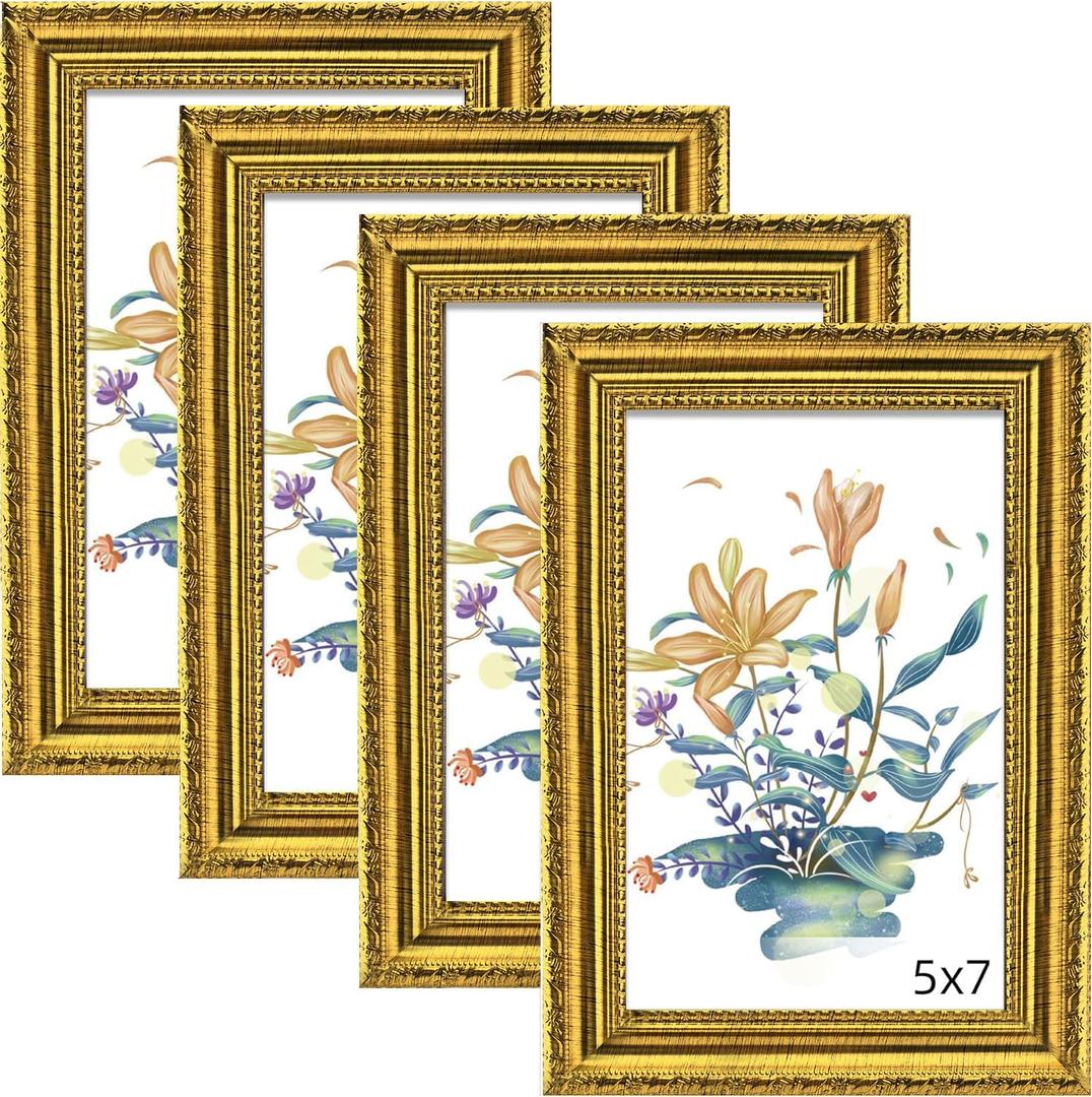 BESCRCL 5x7 Picture Frame Gold with Real Glass, Ornate Vintage 5 x 7 Photo Frames for Wall and Tabletop Display, Set of 4