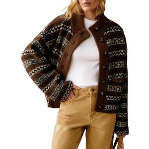Arssm Womens Button Up Cardigan Sweater Crewneck Jacquard Knit Long Sleeve Color Block Cardigan Jackets (M, Brown)