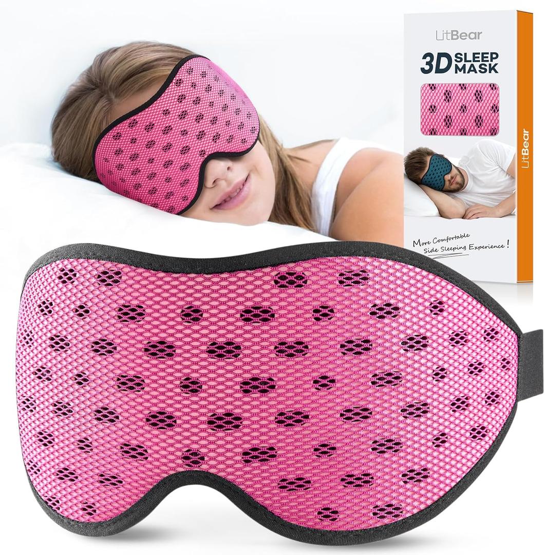 LitBear Breathable Sleep Mask, 3D Eye Mak Sleep for Side Sleepers Women Men, Light Blocking Sleeping Mask with Adjustable Strap, Soft Lightweight Eye Cover for Travel, Night Work, Nap, Office - Pink LitBear Breathable Sleep Mask, 3D Eye Mak Sleep for Side Sleepers Women Men, Light Blocking Sleeping Mask with Adjustable Strap, Soft Lightweight Eye Cover for Travel, Night Work, Nap, Office - Pink