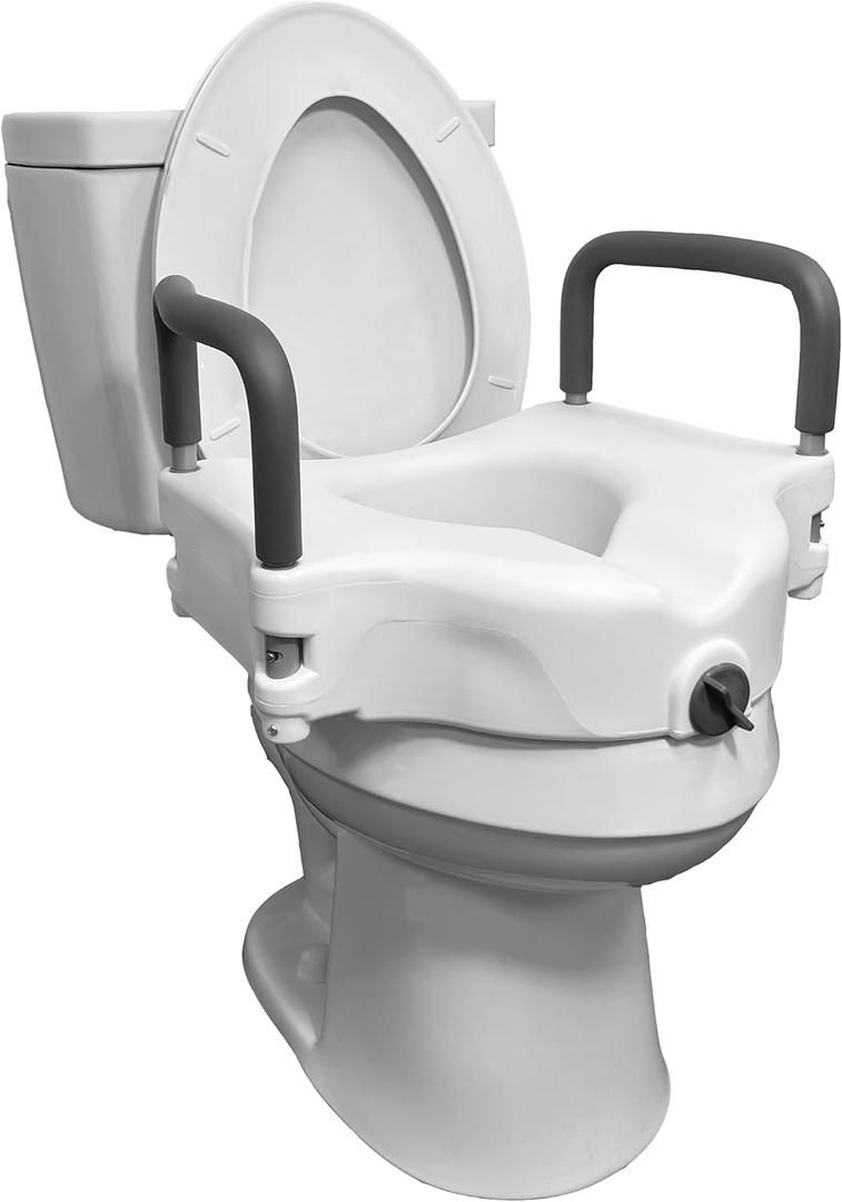 ProBasics E-Z Lock Raised Toilet Seat with Handles, 4.5" Toilet Seat Riser with Arms, Fits Most Elongated and Round Toilets, Handicap Toilet Seat, Elevated Toilet Seat, Handicap Toilet Seat - White