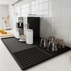 Silicone Coffee Mat with Raised Edges, 24'' x 16'' Bar Mat for Countertops, Fits Under Coffee Maker, Espresso Machine, Dish Drying Mat (BLACK, 23.6'' X 15.7'')
