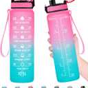 Enerbone Water Bottle, Leakproof BPA & Toxic Free, Motivational Water Bottle with Times to Drink and Straw, Fitness Sports Water Bottle with Strap for Office, Gym, Outdoor Sports (32 Ounces, Pink-Green)