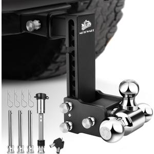 METOWARE Adjustable Trailer Hitch Fits 2-Inch Receiver - Heavy Duty Drop Hitch with 8-Inch Drop/Rise (14,000 LBS GTW) - Tri-Ball (1-7/8'', 2'', 2-5/16'') and Anti-Theft Stainless Steel Lock