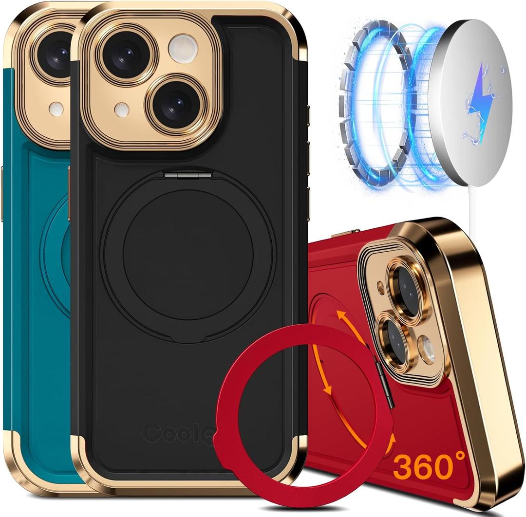 COOLQO for iPhone 15 Plus Case 6.7'' Upgraded 360 Spin Magnetic Stand [Compatible with Magsafe][Military Protection] Shockproof Protective Phone Holder Cover for iPhone 15 Plus, Black Gold