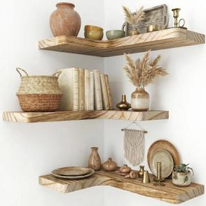 16" Solid Wood Floating Corner Shelves, 3 Pack, Carbonized Brown